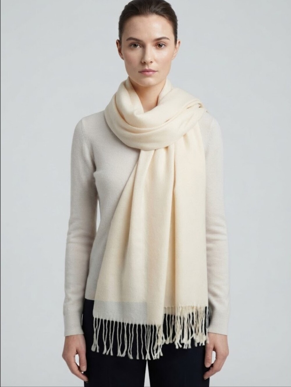 Classic Cream Fringed Scarf Soft Lightweight Wrap Oversized 22" x 76"